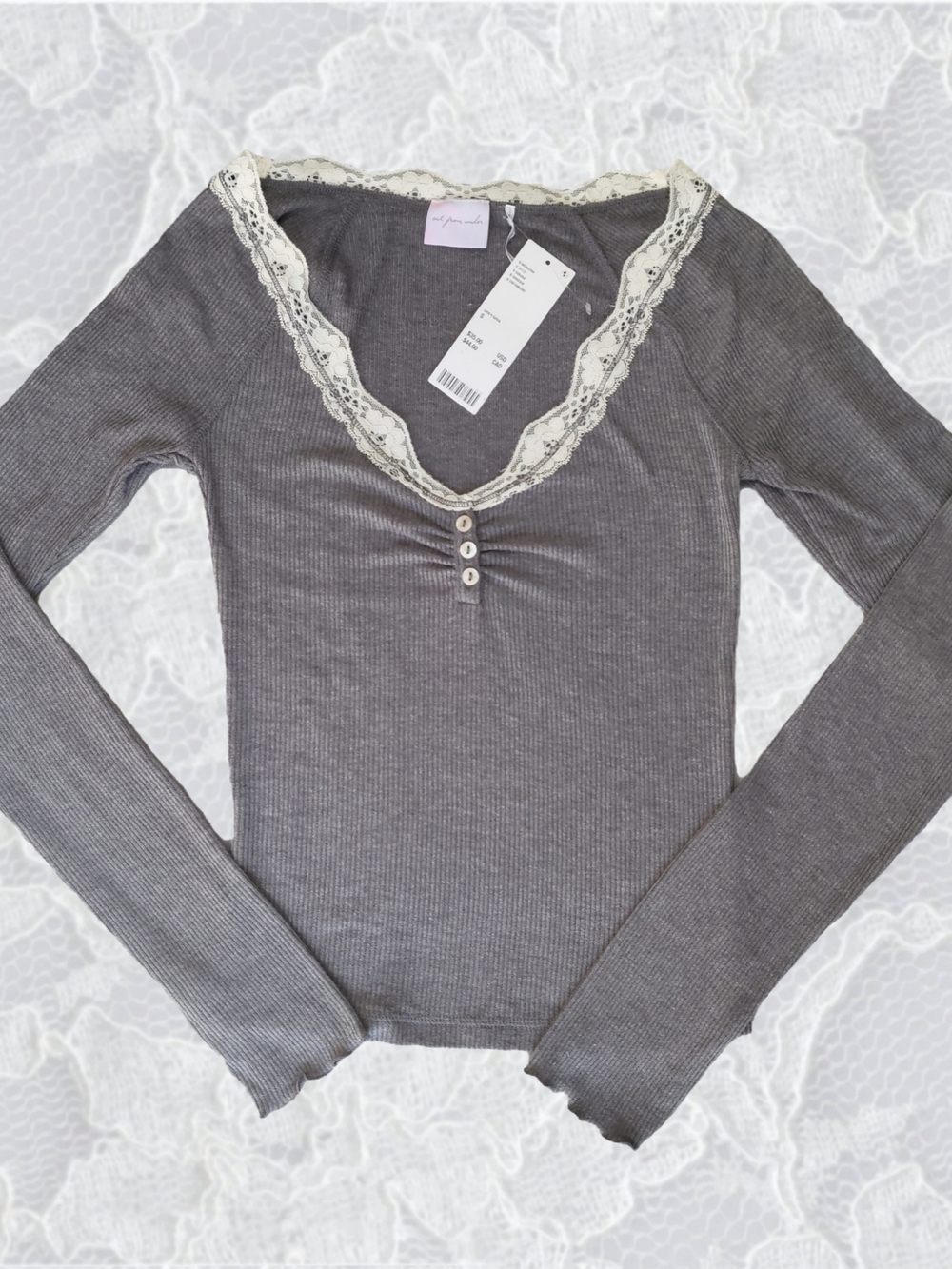 Urban Outfitters Gray Ribbed Lace-Trim Long Sleeve Henley